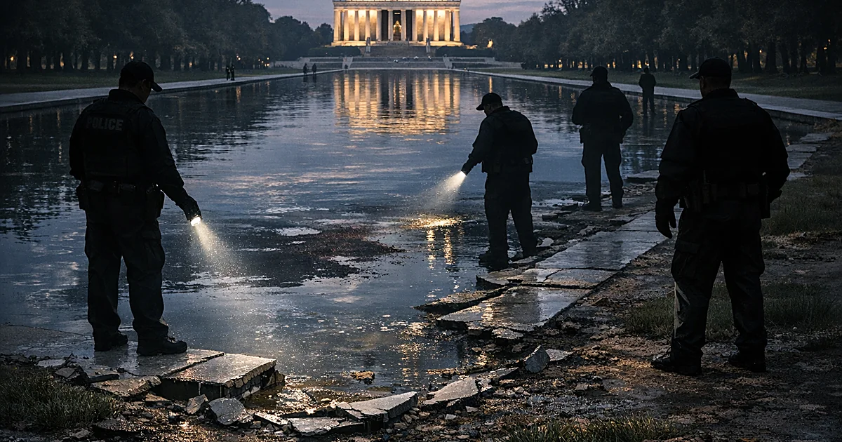 Damaged reflecting pool with torn sealant and stained water, silhouetted officers examining vandalism at dusk