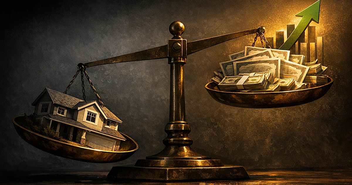 Balance scale with sinking house model on one side and rising stock certificates with growth charts on the other