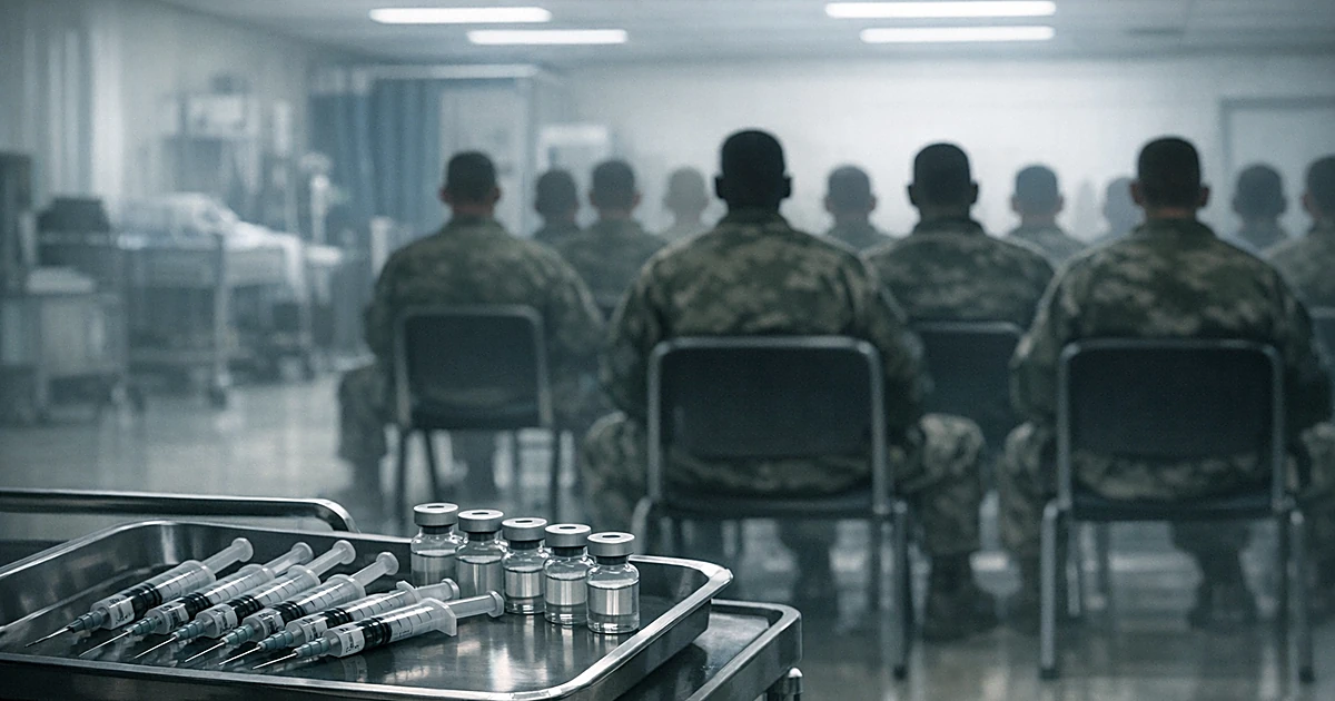 Medical tray with syringes and vaccine vials in foreground, silhouettes of military recruits seated in background