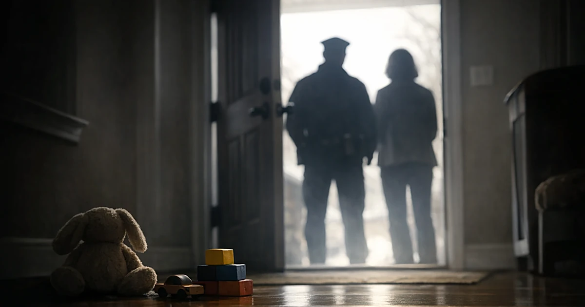 Silhouettes of officials at doorway with children's toys in foreground of home interior
