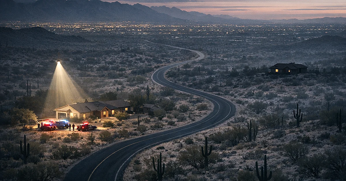 Aerial view of two Arizona homes seven miles apart connected by desert road with police vehicles at one location