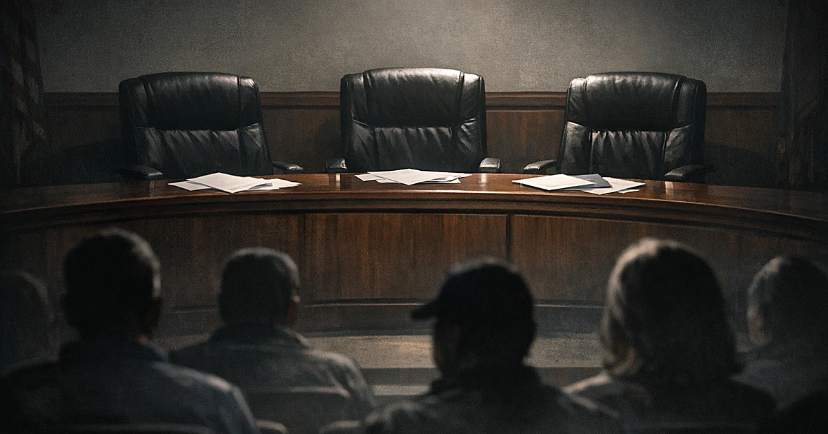 Three empty council chairs behind a desk in a shadowy municipal chamber with silhouettes of people watching from behind