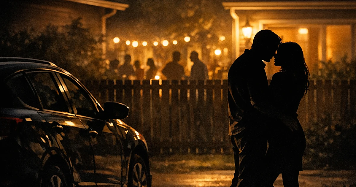 Two silhouetted figures stand close together beside a car at night while a party continues in a nearby backyard