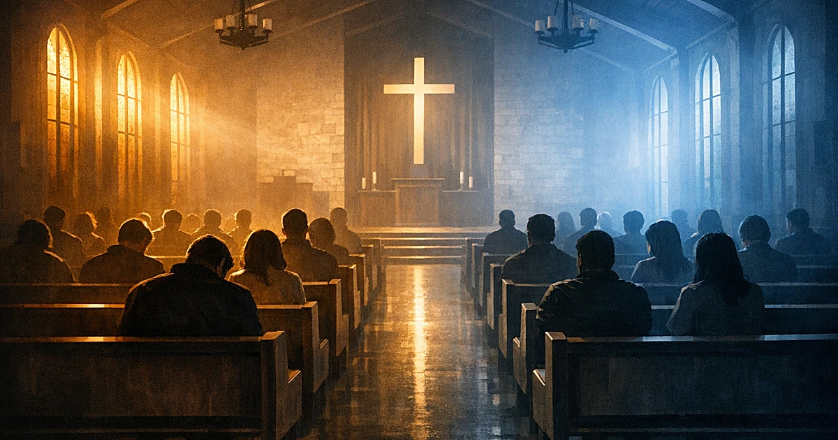 Church interior with silhouetted congregants divided by contrasting light, representing evangelical community split