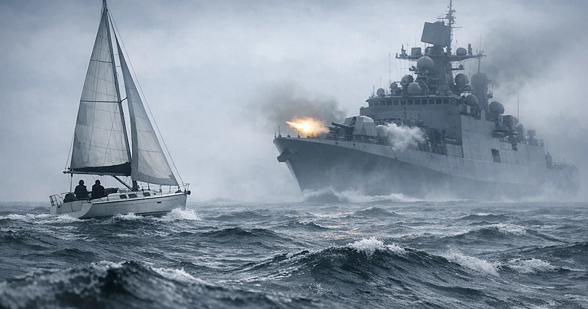 Small sailing yacht in foreground with large military warship firing warning shots in background on gray choppy waters