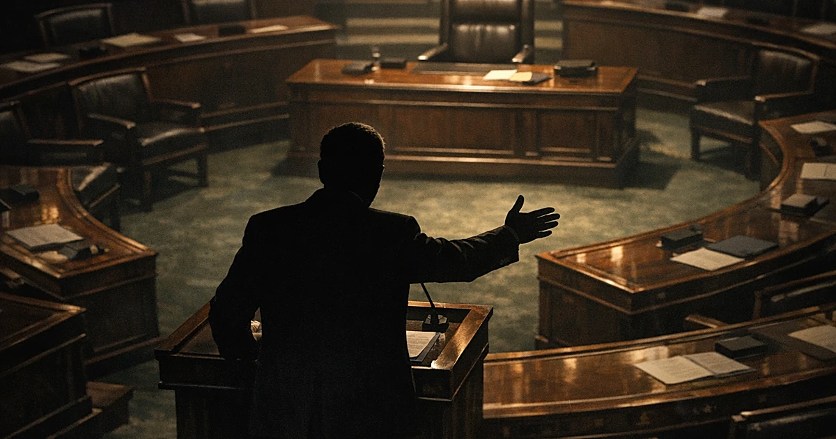 Silhouetted figure at podium gesturing toward empty chair in Senate chamber with rows of wooden desks