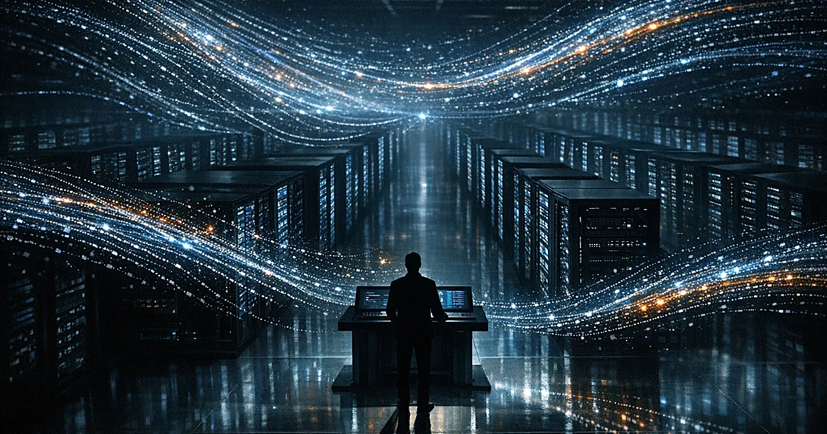Silhouetted figure at terminal in vast server room with flowing data streams overhead