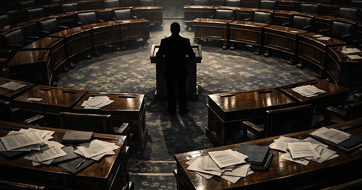 Silhouetted figure at Senate podium facing empty chamber desks with scattered documents under dramatic lighting