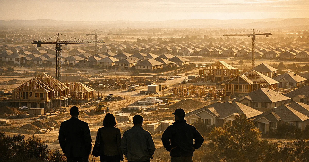 Aerial view of extensive housing construction with cranes and house frames, silhouetted figures observing from hilltop