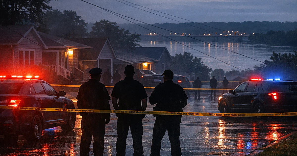 Emergency vehicles with flashing lights illuminate a residential street at dusk with silhouetted first responders