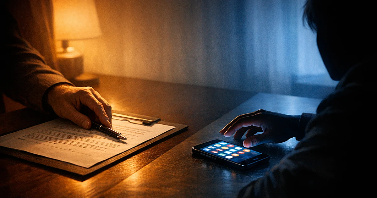 Parent's hand offering pen over consent form while teen's silhouette reaches for smartphone with glowing app icons