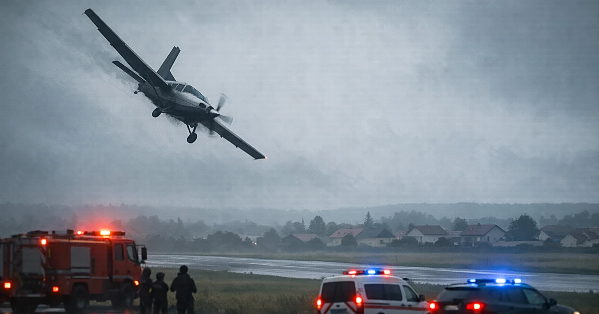Small aircraft banking sharply left above airfield runway with emergency vehicles below in overcast conditions