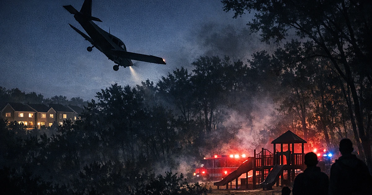 Small plane silhouette descending toward wooded area near townhomes at night with emergency lights in background