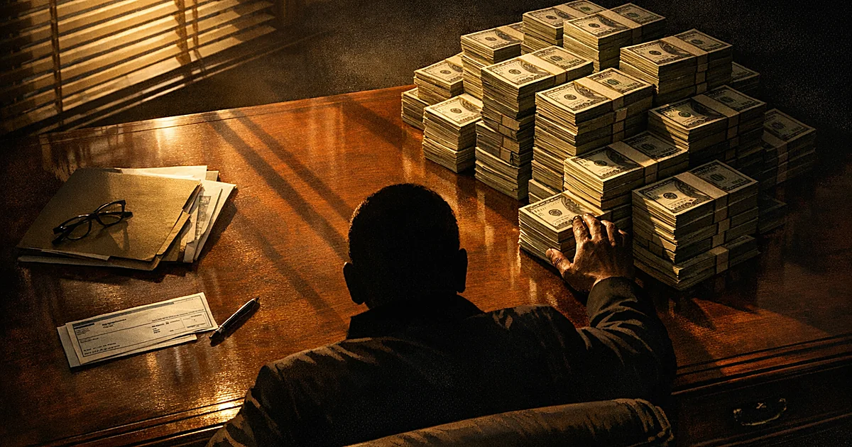 Silhouetted figure at desk with stacks of cash beside government paycheck, showing wealth disparity contrast