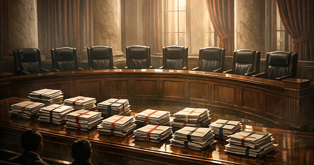 Empty Supreme Court bench with nine chairs and twenty stacks of legal documents awaiting decisions