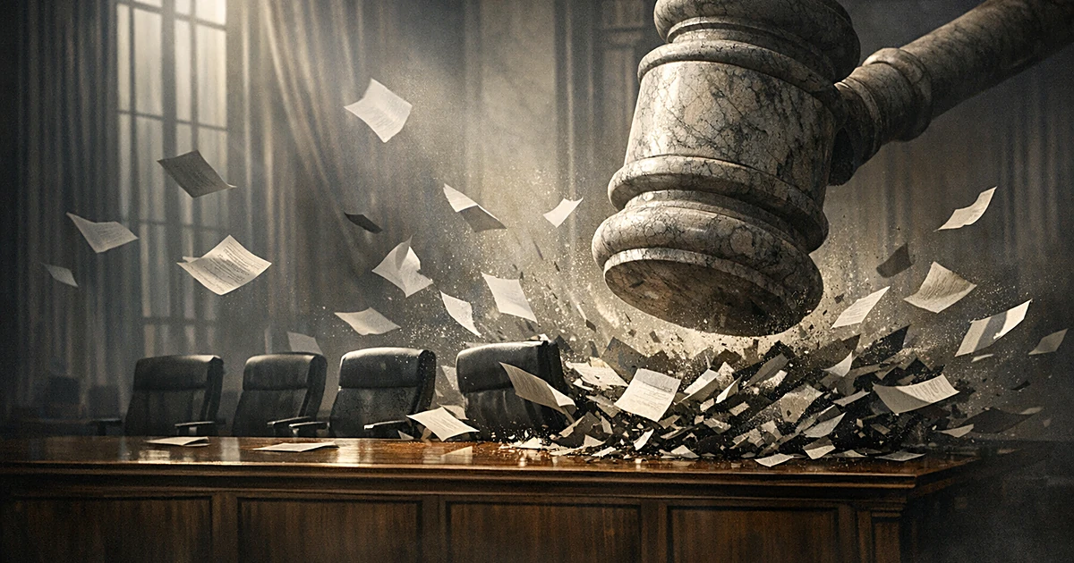 Large gavel striking down toward empty chairs at a desk with papers flying, symbolizing Supreme Court ruling on removals