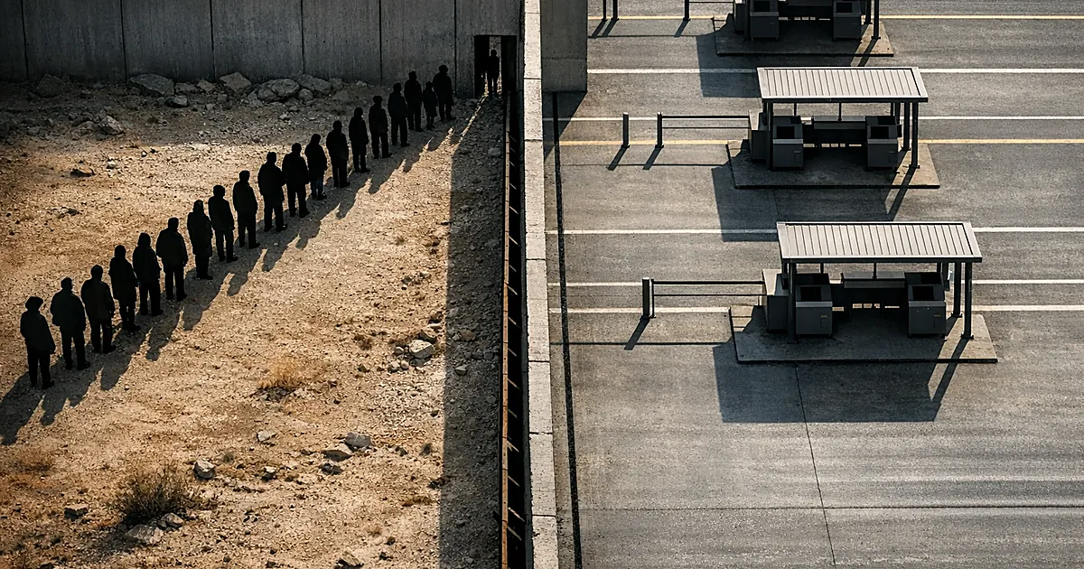 Aerial view of border line with silhouetted people on one side facing barrier, empty stations on other side