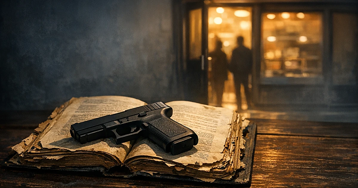 Antique 1865 law book with handgun resting on open pages, silhouetted storefront door in background