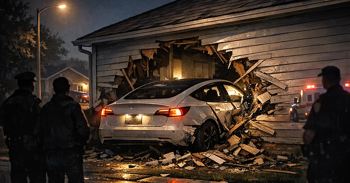 Electric car crashed through the wall of a suburban home at night with debris and damage visible