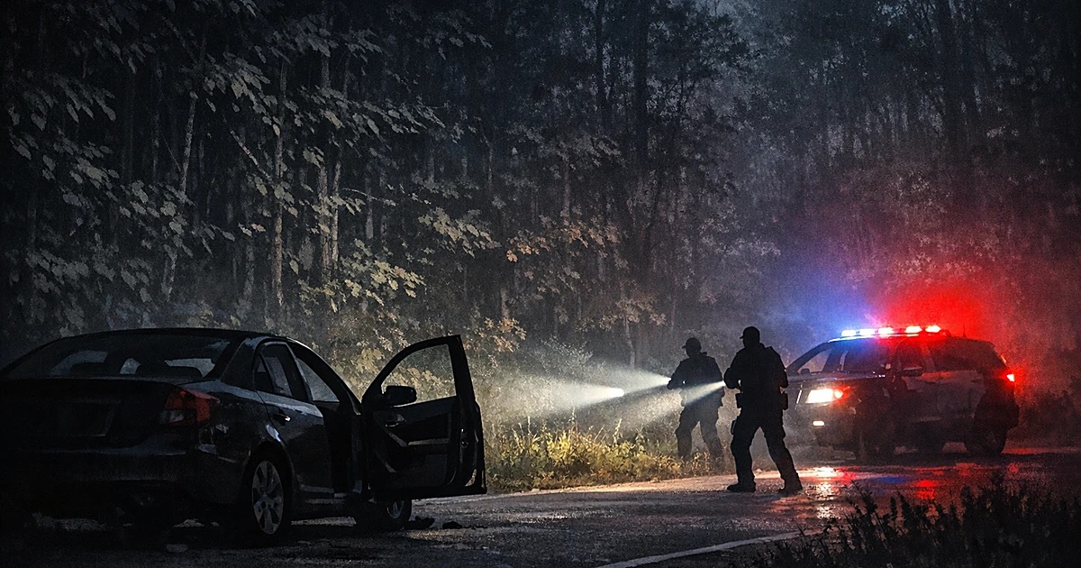 Police vehicle with emergency lights illuminating abandoned car and dark woods during nighttime pursuit scene