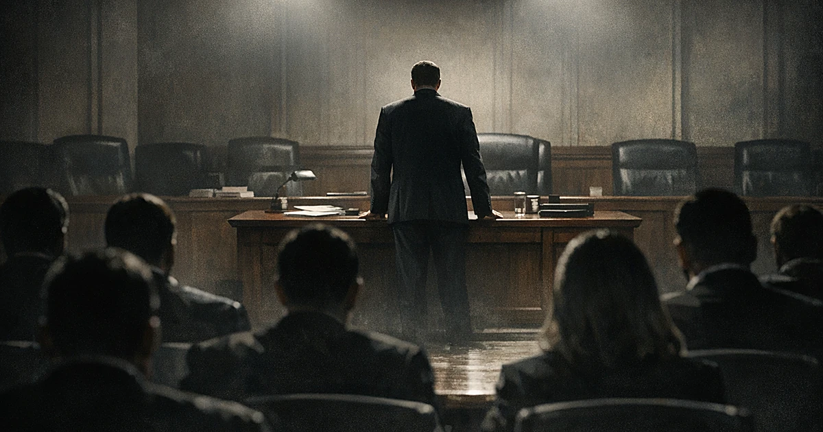 Silhouetted figure at desk faces rows of seated silhouettes in a government office, suggesting a contentious hearing