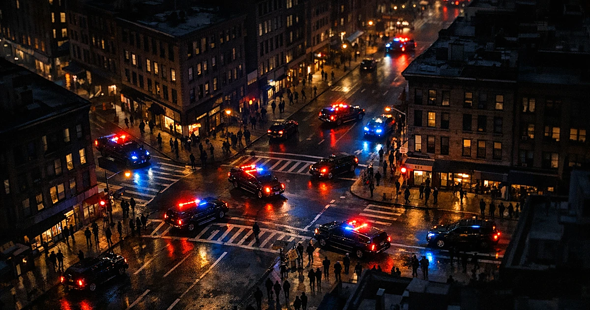 Aerial view of city streets at night with emergency vehicles positioned at multiple intersections
