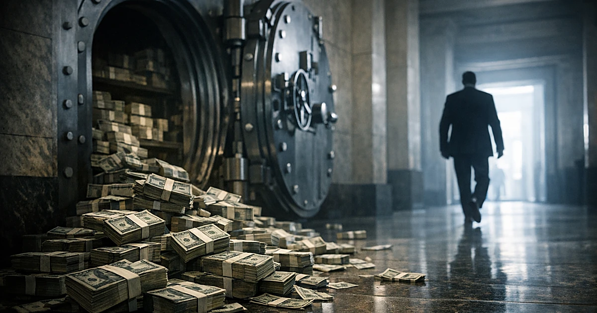 Silhouetted figure walking away from open vault with money spilling out in government building interior