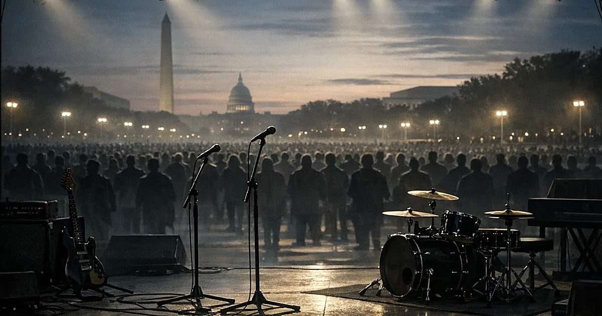 Empty concert stage with abandoned instruments faces silhouetted crowd in plaza at dusk