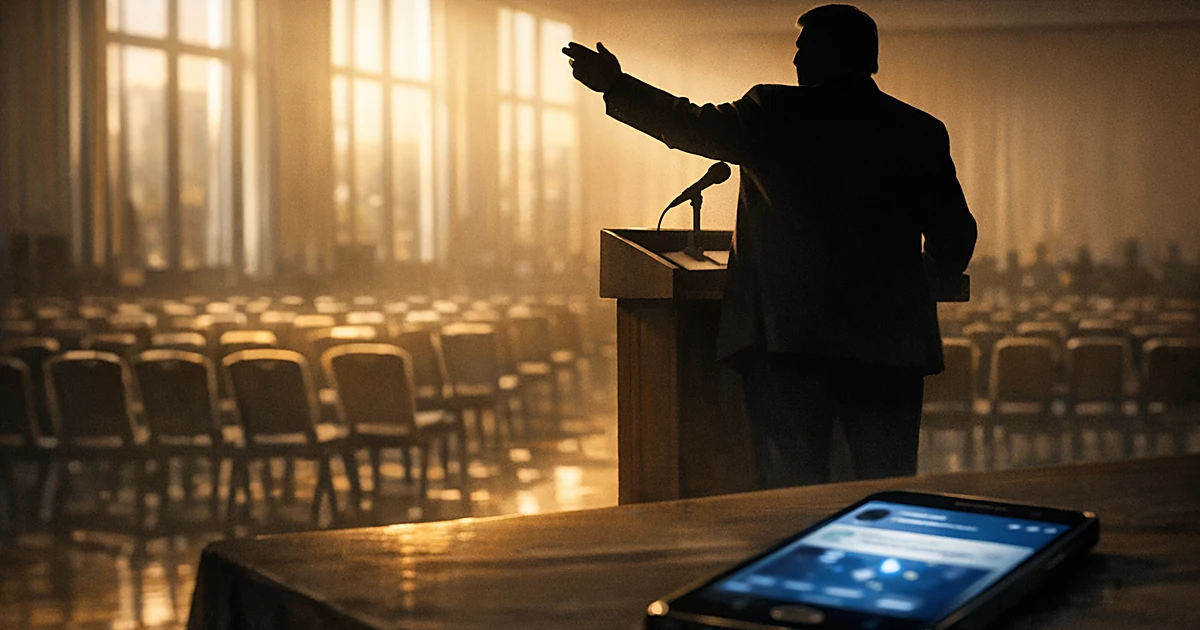 Silhouetted figure at podium with raised arm, smartphone showing social media in foreground, empty convention chairs