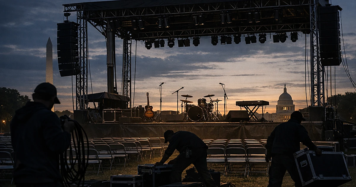 Empty concert stage with abandoned instruments on lawn at dusk, workers dismantling equipment seen from behind