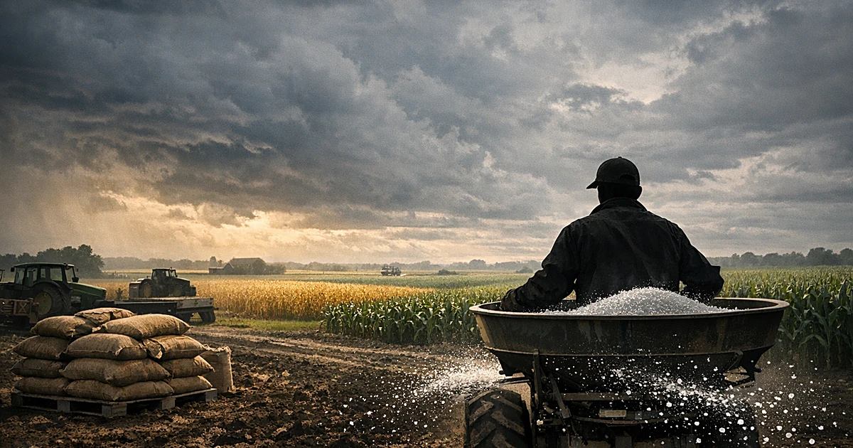 Farmer silhouette spreading white fertilizer across dark soil with stacked fertilizer sacks and crop fields beyond
