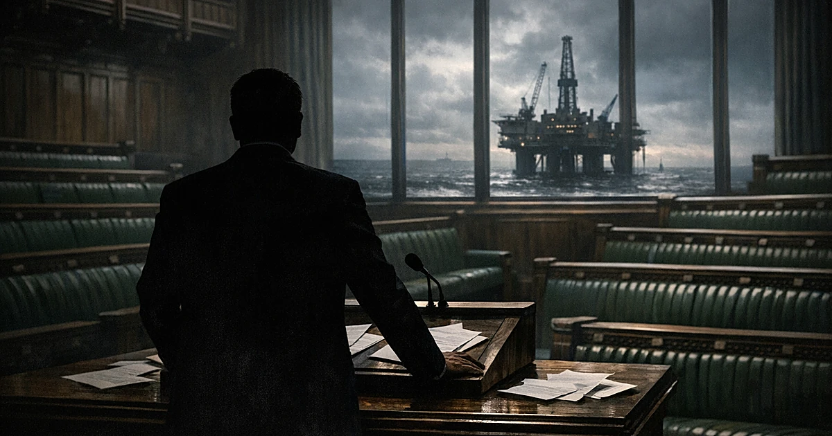 Lone figure at podium in empty parliamentary chamber with oil platform visible through window against stormy sky