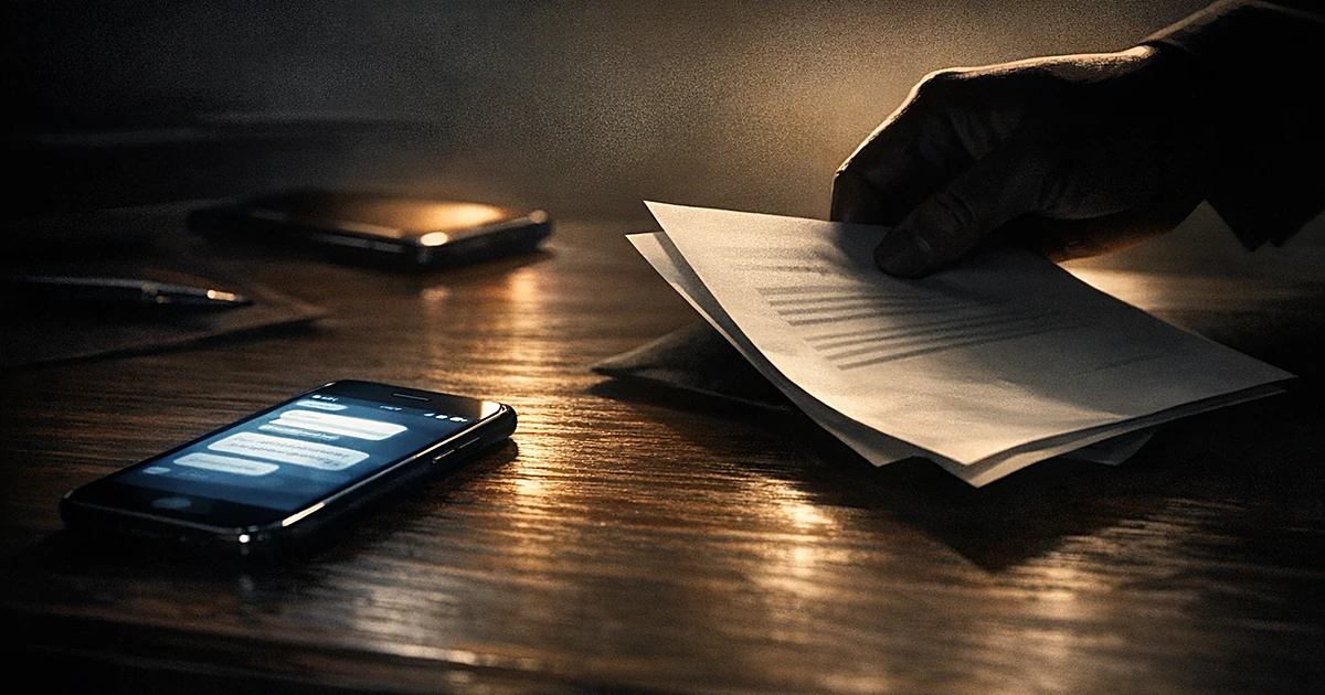 Smartphone on desk with glowing screen as silhouetted hand pulls away document in dramatic lighting