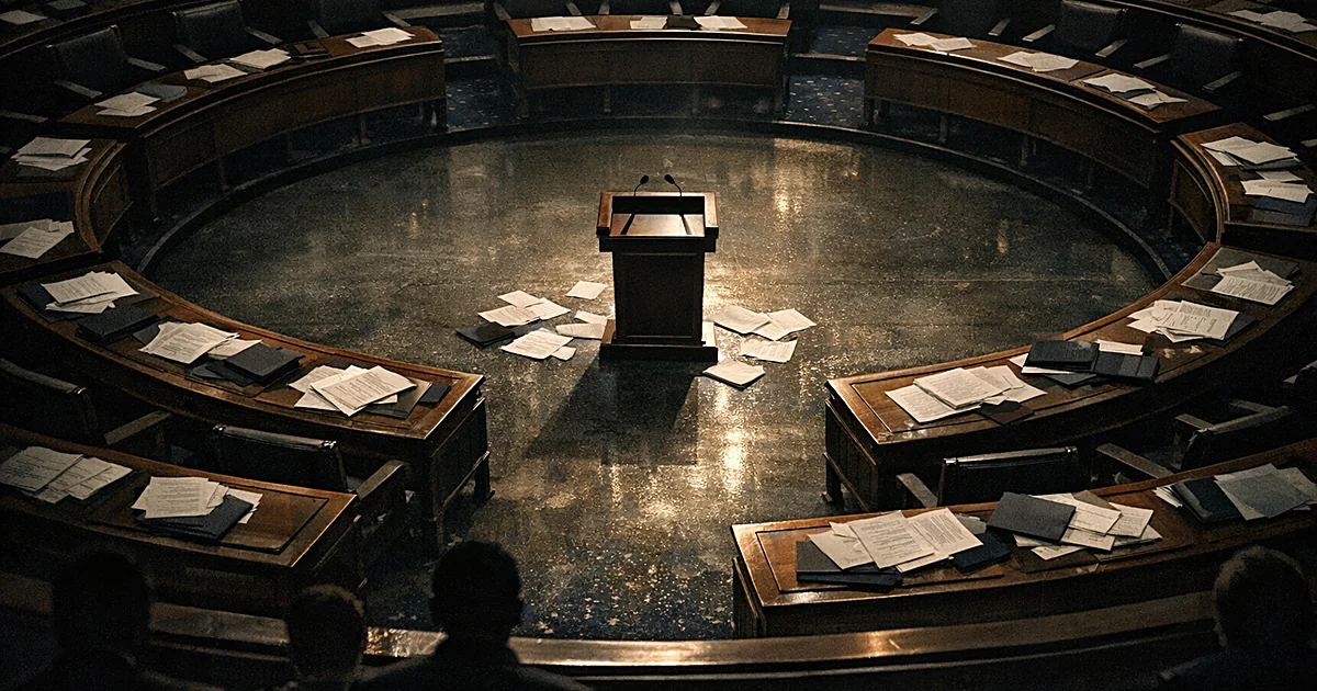 Empty legislative chamber with curved desk rows and isolated central podium under dramatic lighting