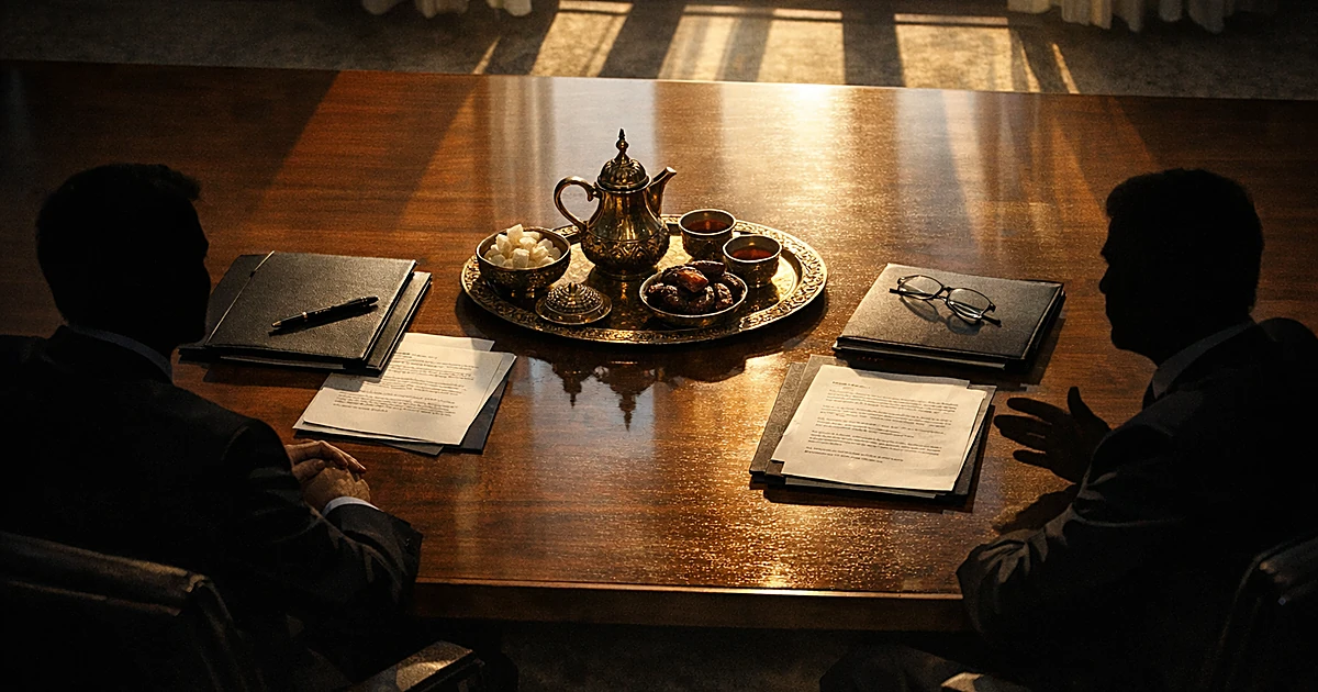 Overhead view of diplomatic meeting with silhouetted figures at table with tea service and documents in warm light