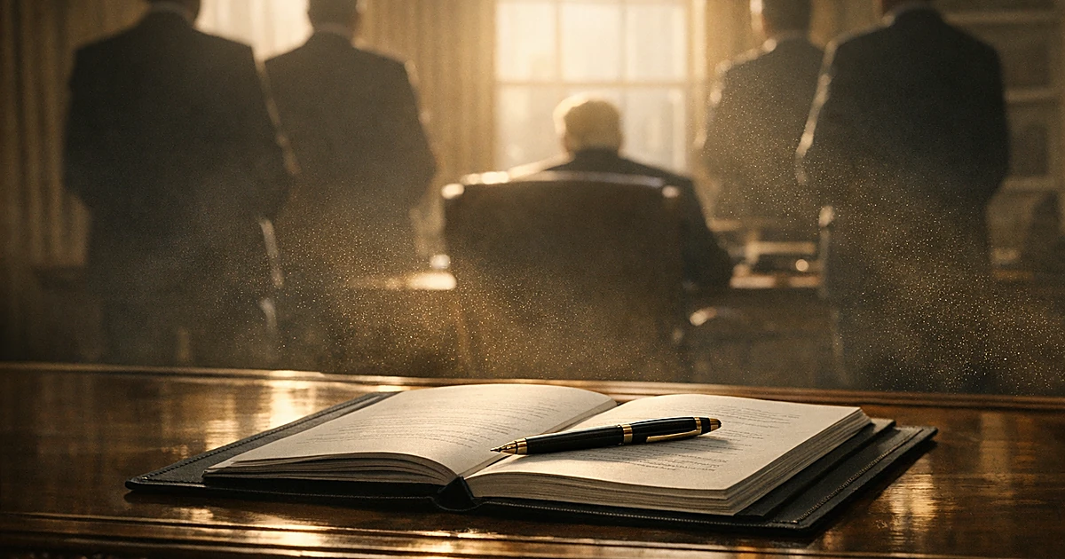 Silhouetted figures in suits stand behind desk with legislative document and pen in formal office setting
