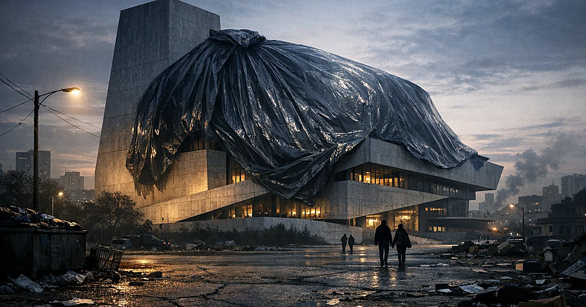 Modern building draped with large garbage bag in deteriorated urban setting with silhouetted figures