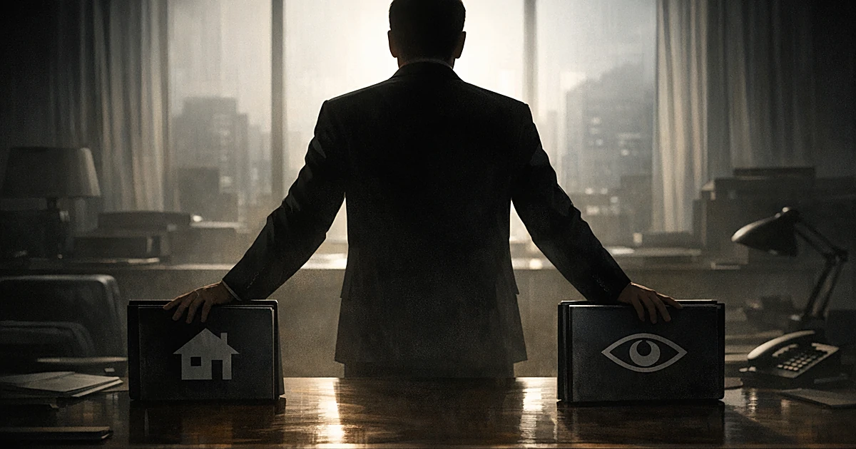 Silhouetted figure at desk reaching between folders marked with house and eye icons in shadowy office