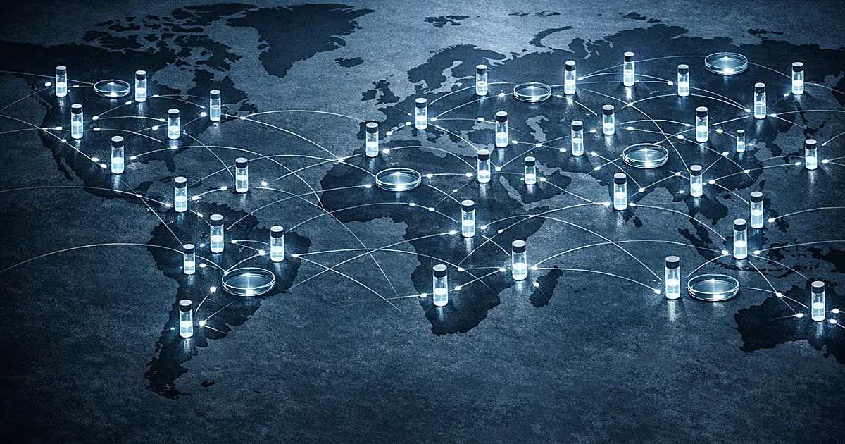 World map with glowing laboratory vials scattered across continents connected by illuminated network lines