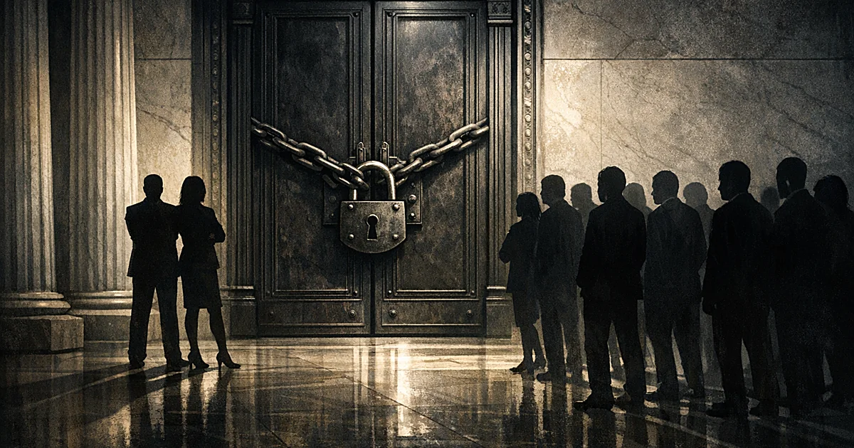 Two silhouettes guard a locked door while other figures are turned away, symbolizing political exclusion