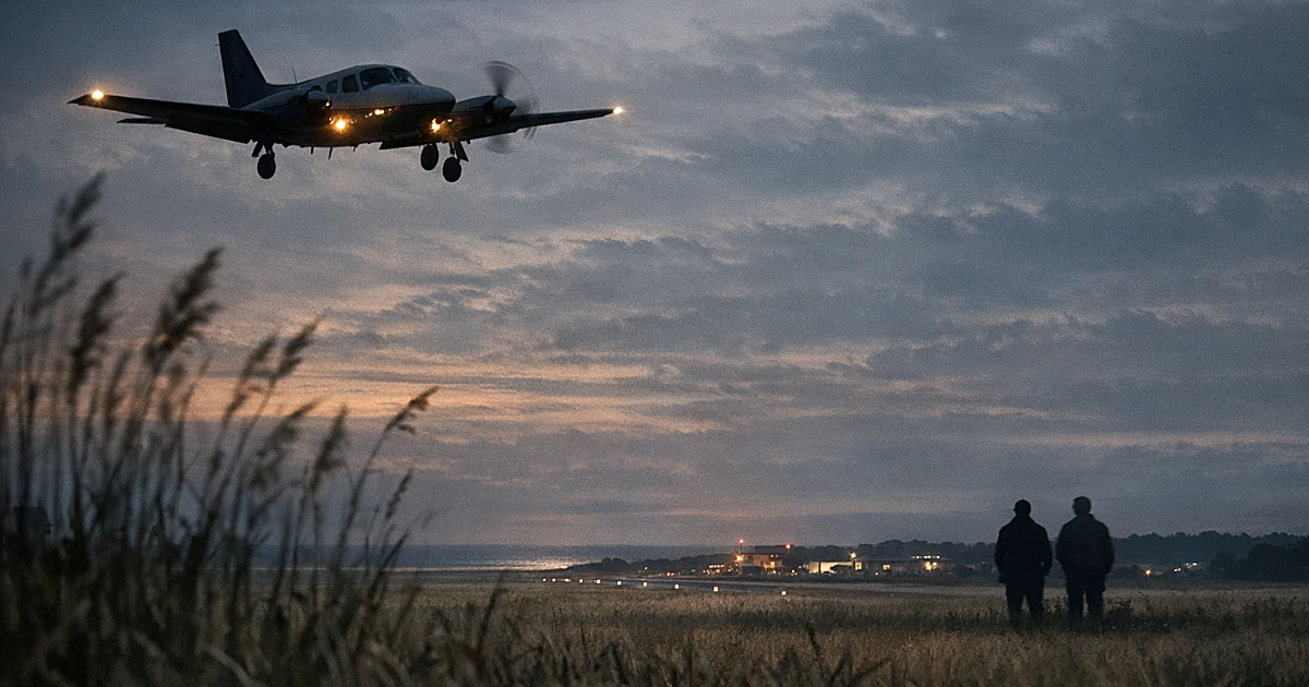 Twin-engine aircraft silhouette descending over rural field near coastal airport at dusk