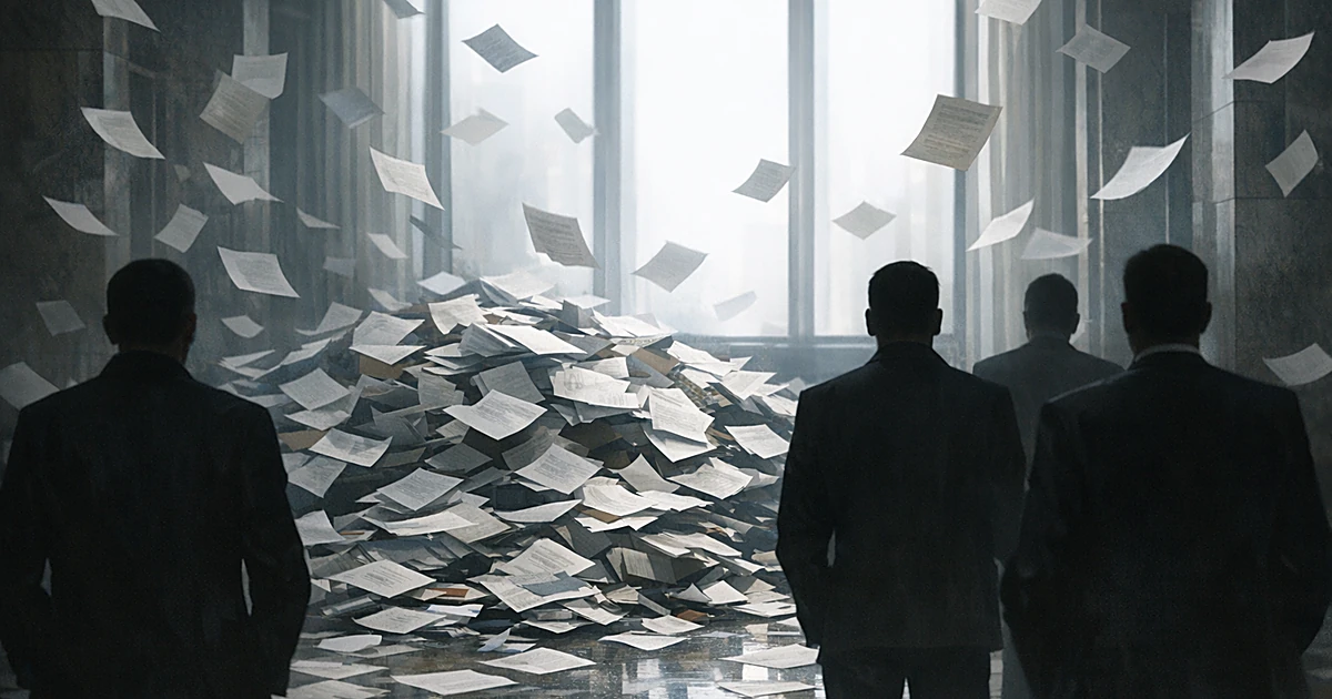 Scattered government documents pile on floor as silhouetted figures stand with backs turned in shadowy office