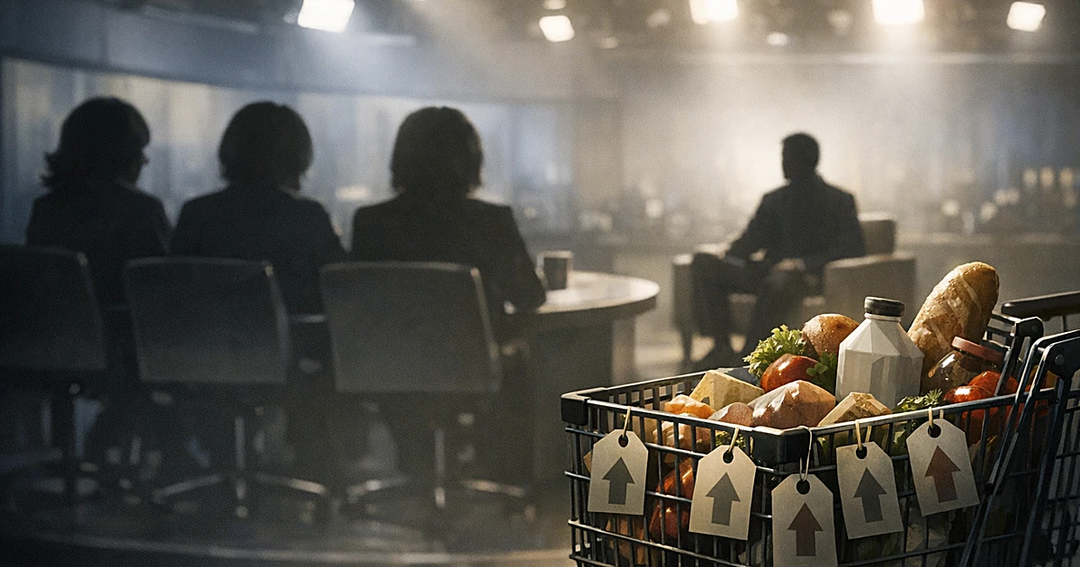 Silhouettes in TV studio with shopping cart of groceries in foreground representing inflation debate