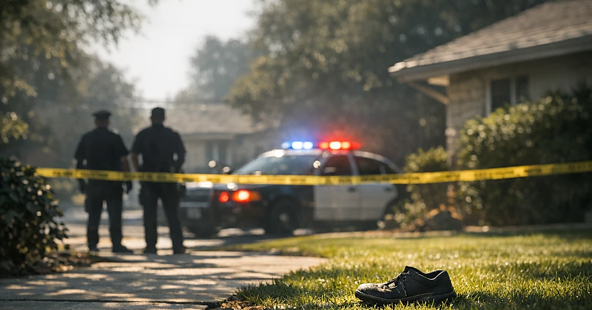 Suburban front yard crime scene with police silhouettes and patrol car lights in bright daylight