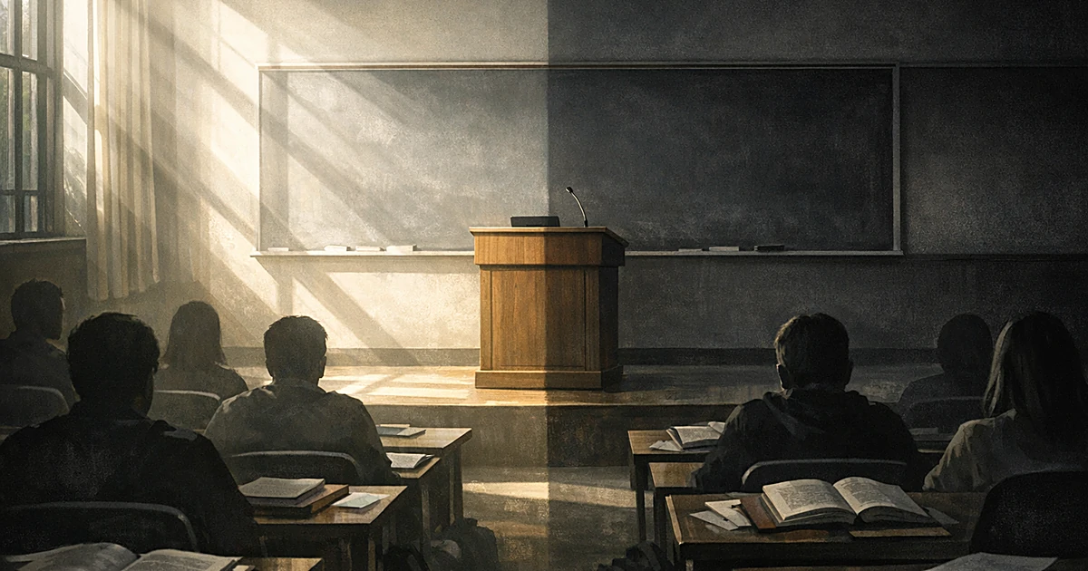 University lecture hall split between light and shadow, with silhouetted students facing an empty podium