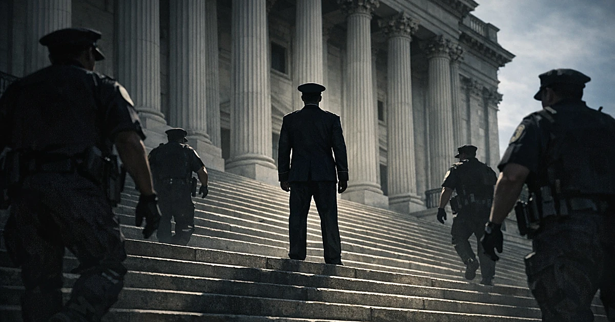 Silhouette of uniformed figure on government building steps surrounded by approaching police officers