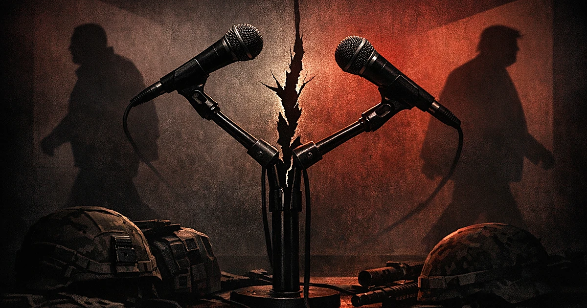 Split microphone stand in dark studio with opposing shadows and military equipment silhouettes in red lighting