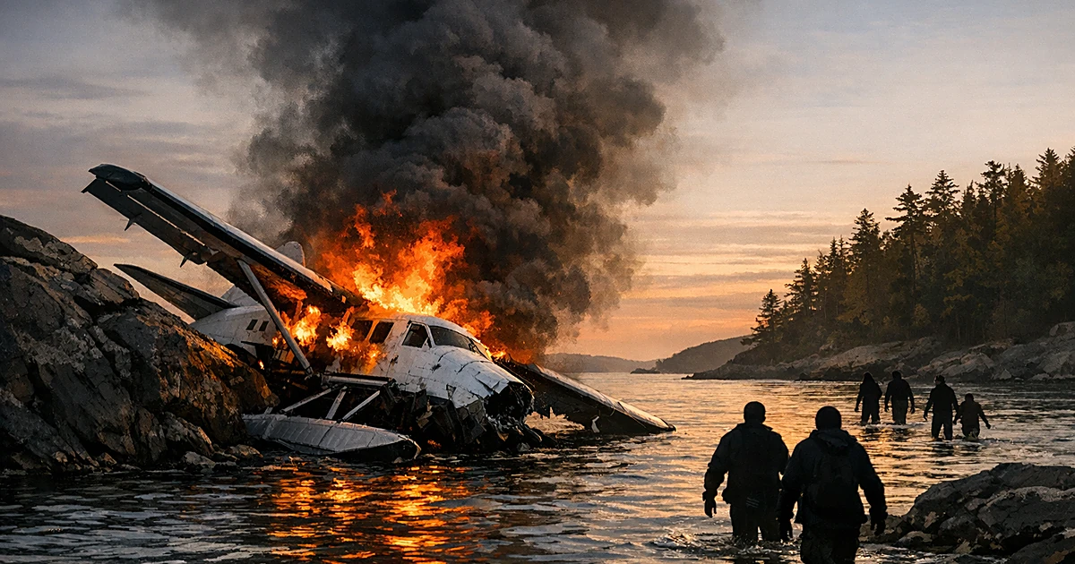 Floatplane partially submerged and burning against rocks in shallow bay waters with smoke rising and distant figures