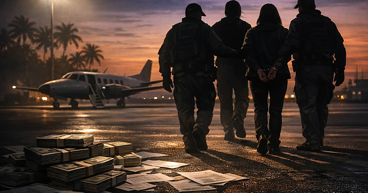 Silhouetted handcuffed figure escorted by officers on tropical tarmac with cash and documents in foreground