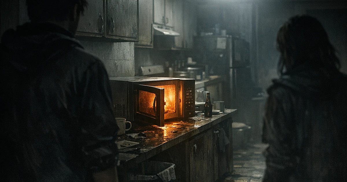 Dark apartment interior with microwave on counter casting ominous glow in dimly lit kitchen space